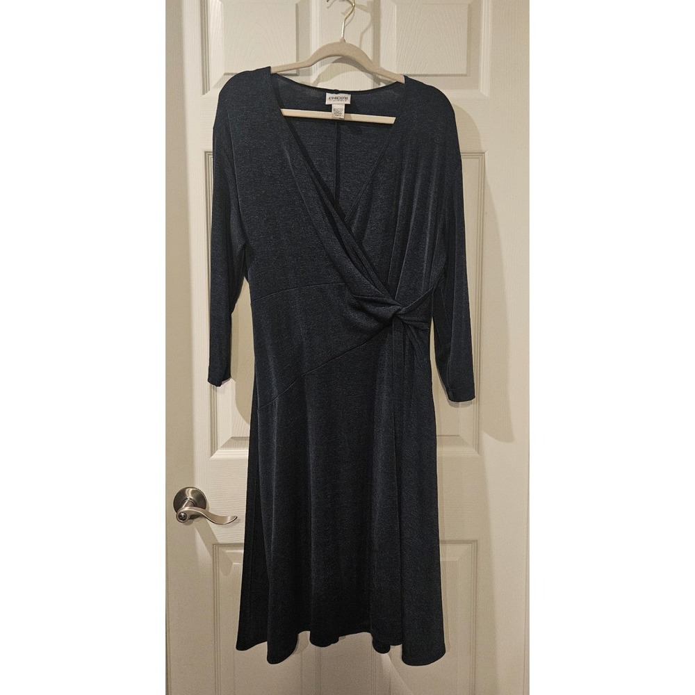 Chicos Travelers Faux Wrap Midi Dress Navy Blue Size 3 XL 14 16Travel Career